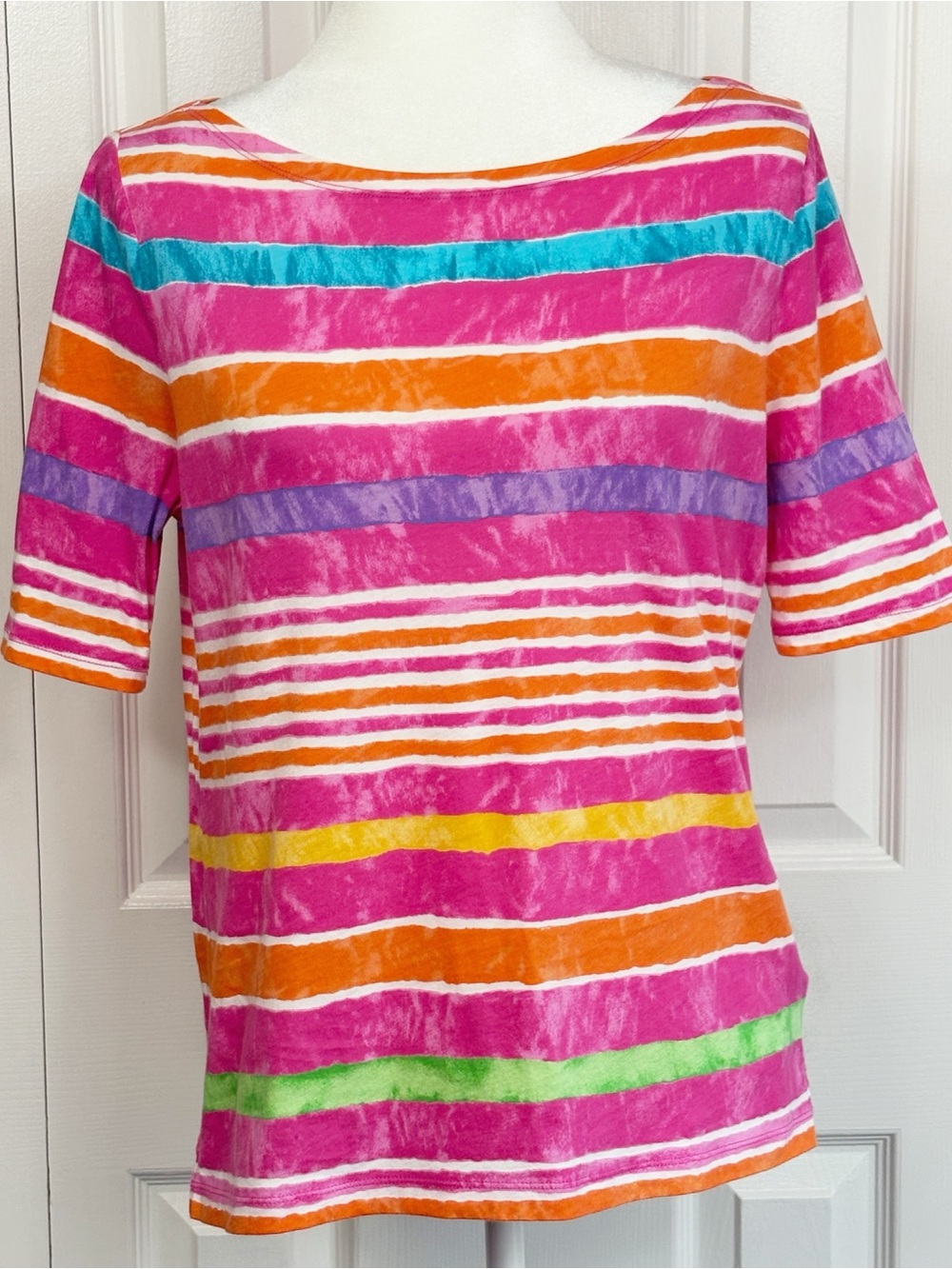 Lauren Ralph Lauren Pink Multicolor Stripe Boatneck Short Sleeve Tee Large